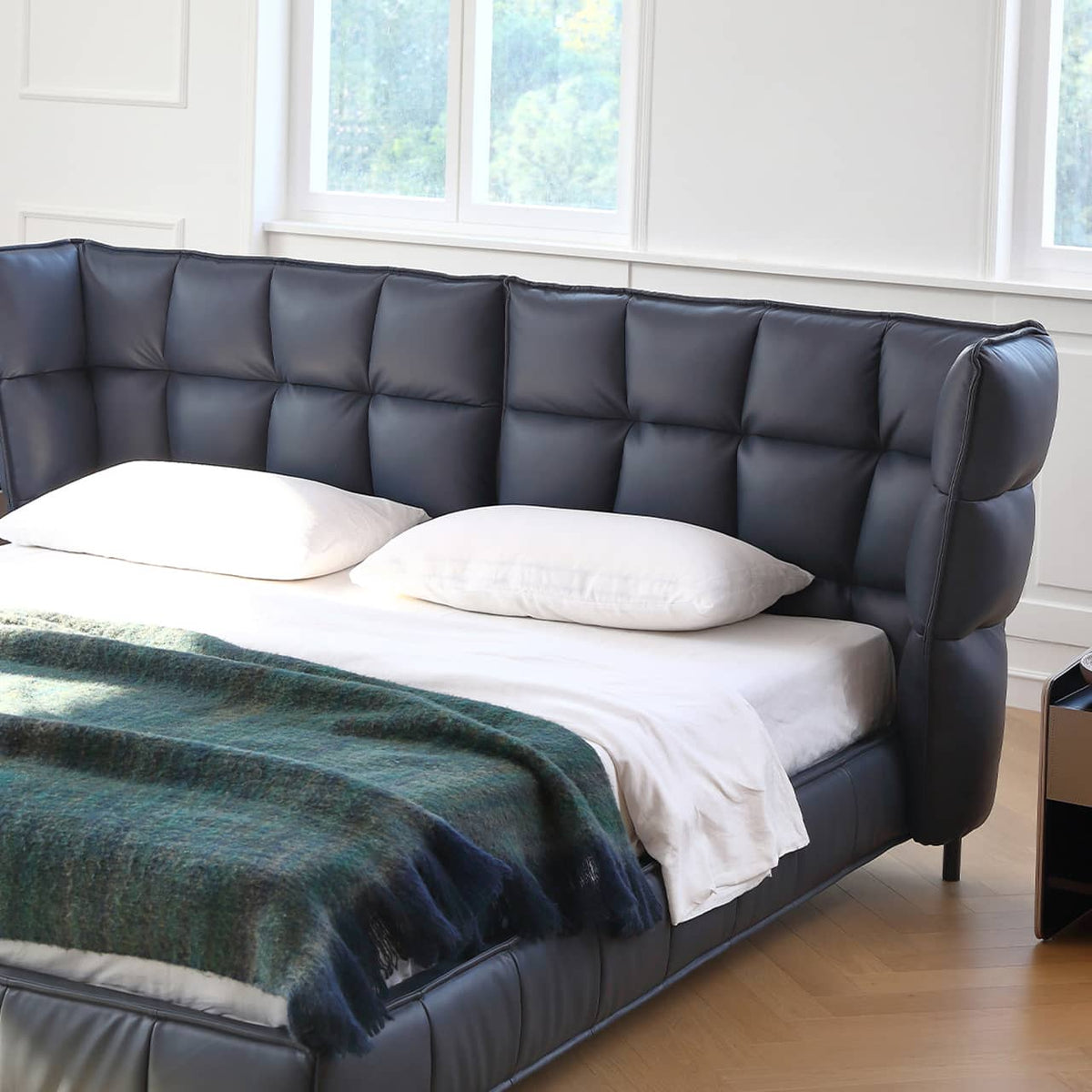 Luxurious Black Pine Bed with Leather Upholstery and Silk Floss Comfort my-381