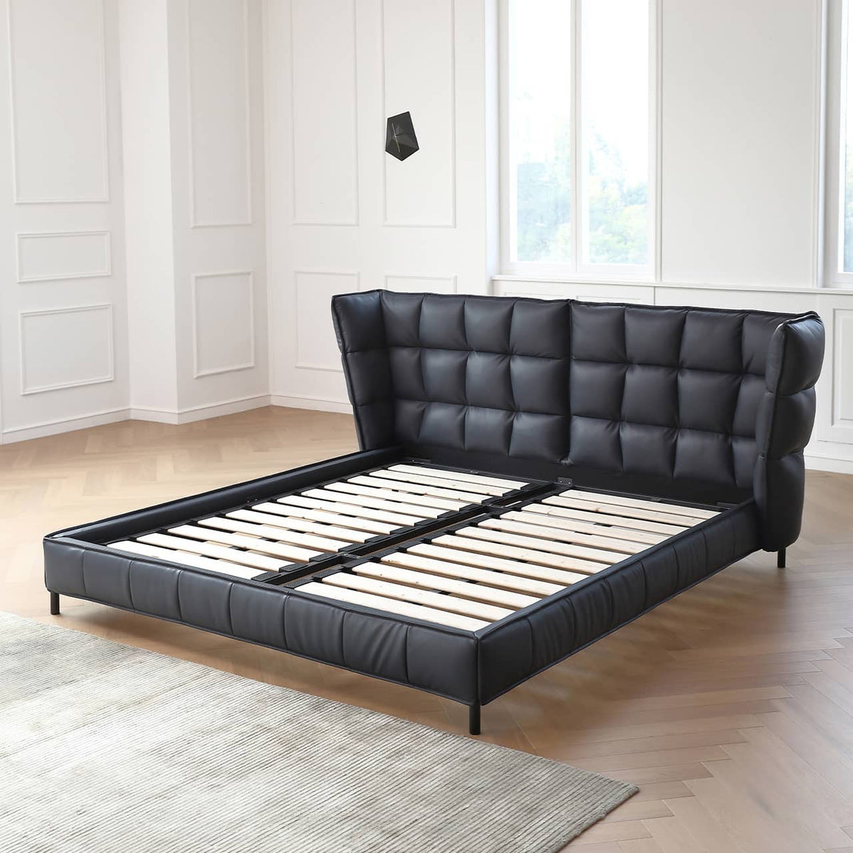 Luxurious Black Pine Bed with Leather Upholstery and Silk Floss Comfort my-381