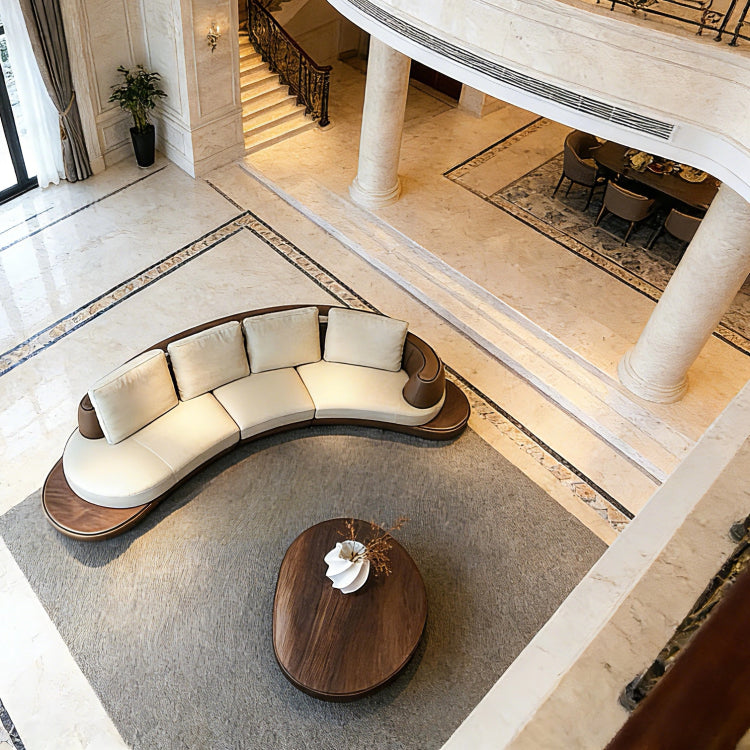 Modern Minimalist Curved Black Walnut Solid Wood Sofa with Leather Cushions, Multi-Seater Living Room Couch mzy-0226-63