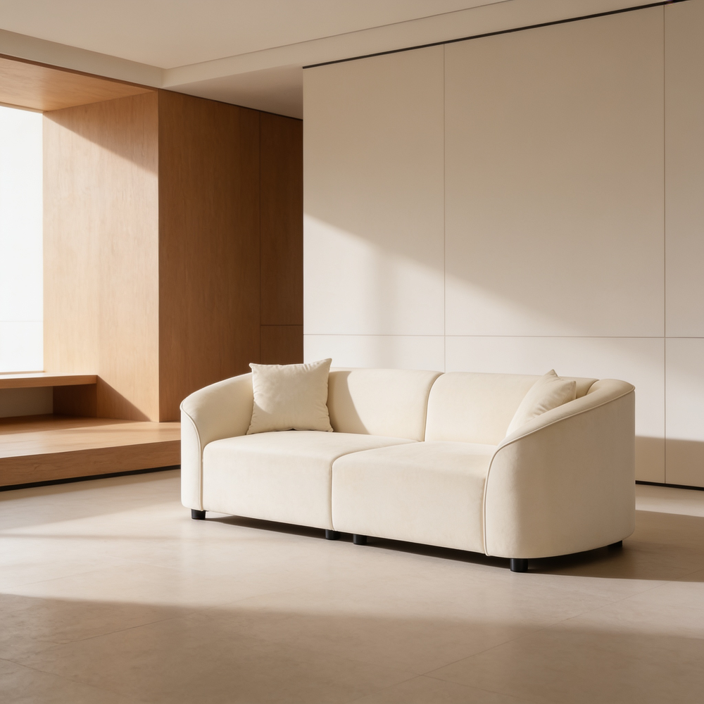 87' Curved Contemporary Sofa in Off-White: Plush Seating, Streamlined Design, and Durable Frame – Ideal for Stylish Living Spaces-N767P422840B - 场景图