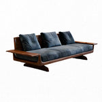 Black Walnut Solid Wood Sofa, Minimalist Straight-Line 3-Seater Blue Fabric Couch for Living Room sym-0226-64