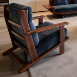 Black Walnut Solid Wood Sofa, Minimalist Straight-Line 3-Seater Blue Fabric Couch for Living Room sym-0226-64
