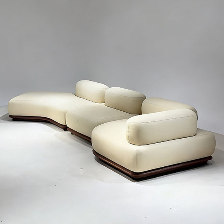 Italian Modern Minimalist Curved Solid Wood Leather Sofa, Soft Cream-Tone Luxury Couch sz-0207-46