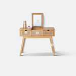 Elegant Natural Wood Makeup Table with Rattan and Ash Wood Accents, Glass Top tzm-525