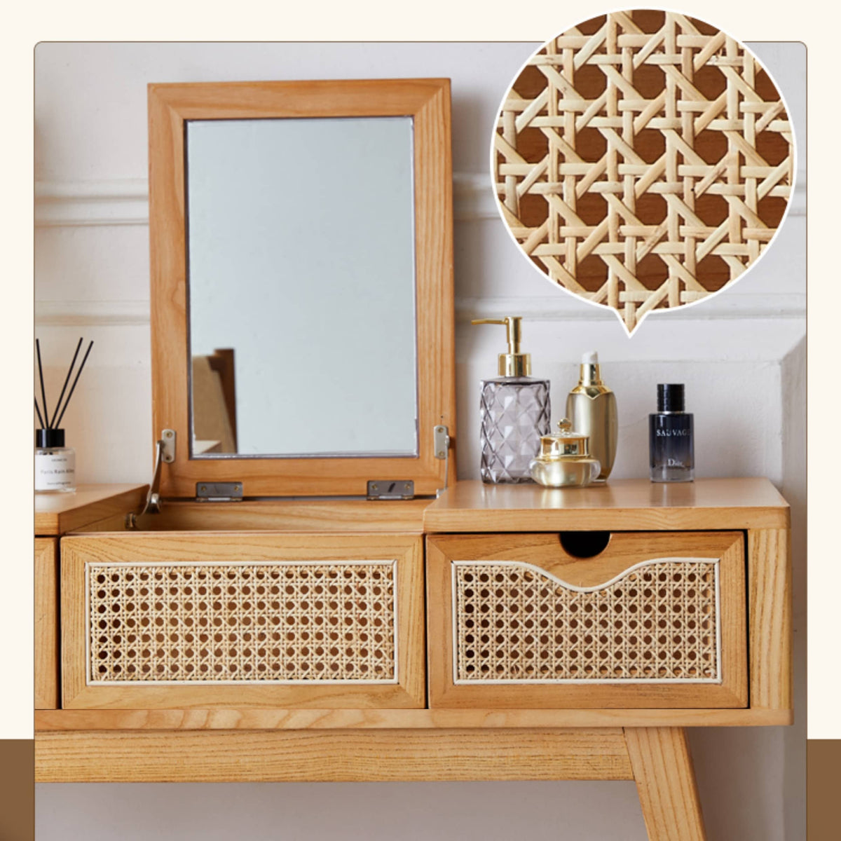 Elegant Natural Wood Makeup Table with Rattan and Ash Wood Accents, Glass Top tzm-525