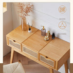 Elegant Natural Wood Makeup Table with Rattan and Ash Wood Accents, Glass Top tzm-525