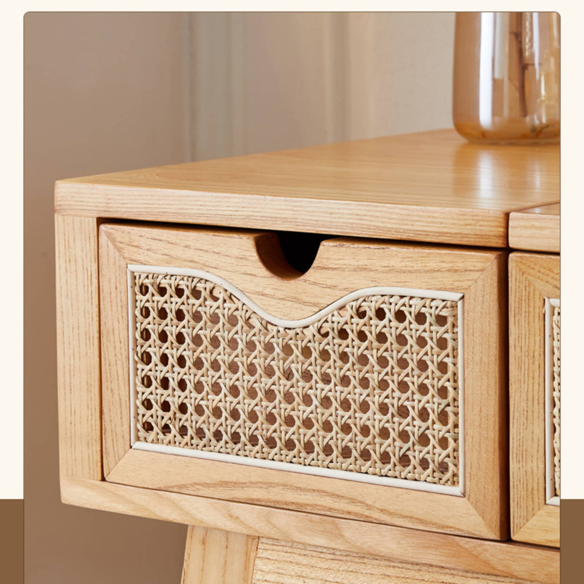 Elegant Natural Wood Makeup Table with Rattan and Ash Wood Accents, Glass Top tzm-525