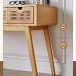 Elegant Natural Wood Makeup Table with Rattan and Ash Wood Accents, Glass Top tzm-525