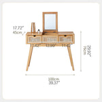 Elegant Natural Wood Makeup Table with Rattan and Ash Wood Accents, Glass Top tzm-525