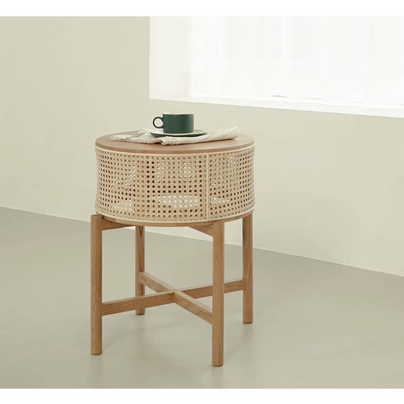 Stylish Natural Oak Wood Tea Table with Rattan Accents tzm-528