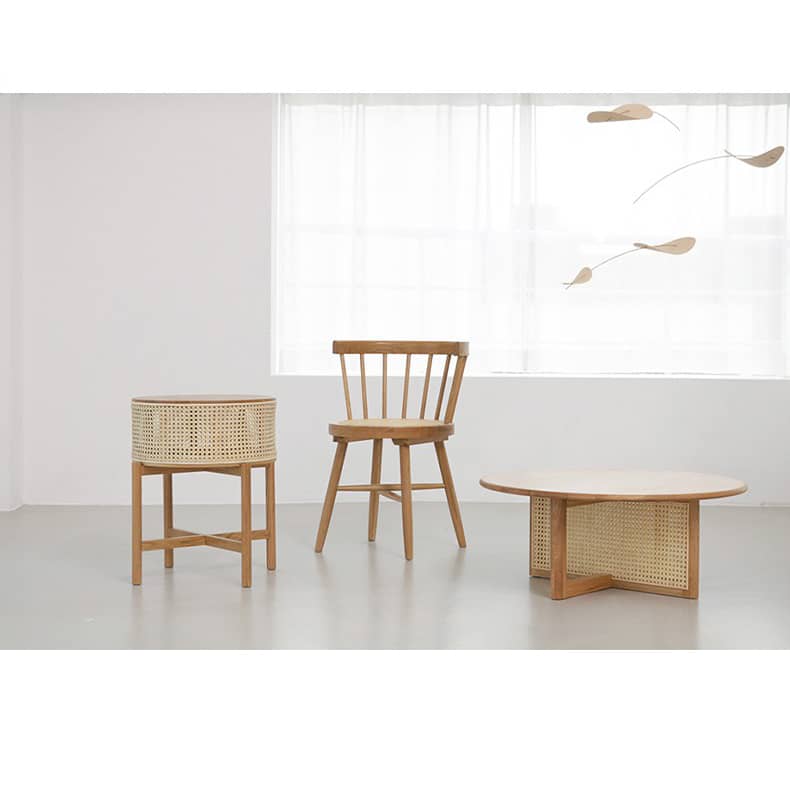 Stylish Natural Oak Wood Tea Table with Rattan Accents tzm-528