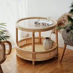 Natural Wood Tea Table with Rattan Accents and Glass Top – Elegant and Durable tzm-529