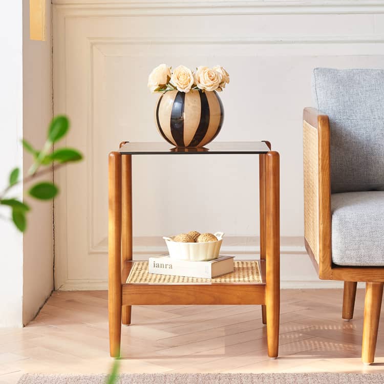 Stylish Brown Rattan Tea Table with Elegant Ash Wood Finish tzm-532