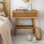 Stylish Black Solid Wood & Rattan Bedside Cupboard with Natural Finish tzm-537