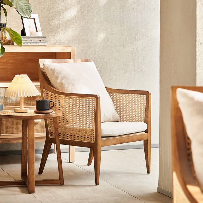 Modern Multi-Tone Rattan & Ash Wood Chair with Cotton-Ramie Upholstery tzm-541