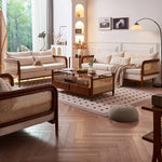 Luxurious Brown & Off-White Rattan Sofa with Ash Wood Frame and Silk Cotton-Ramie Fill tzm-543