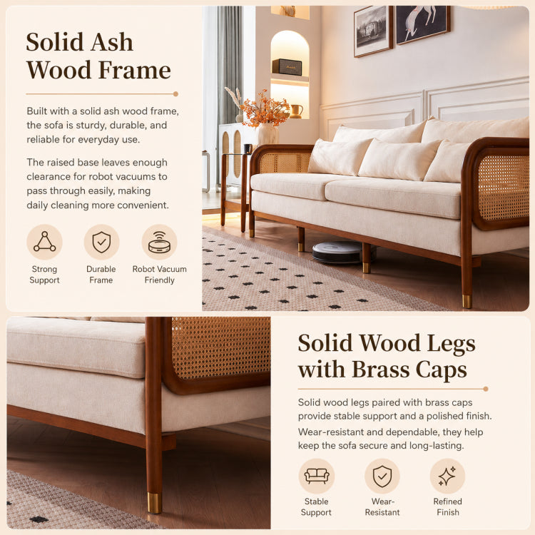 Modern Minimalist Solid Wood & Rattan Fabric Sofa Set, Beige Scandinavian Living Room Couch, 2-Seater/3-Seater tzm-543