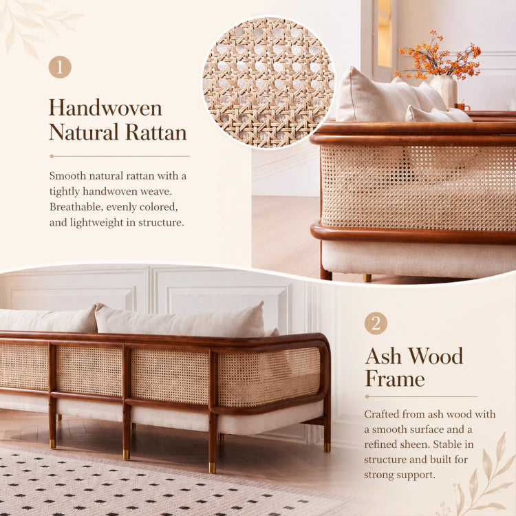 Modern Minimalist Solid Wood & Rattan Fabric Sofa Set, Beige Scandinavian Living Room Couch, 2-Seater/3-Seater tzm-543