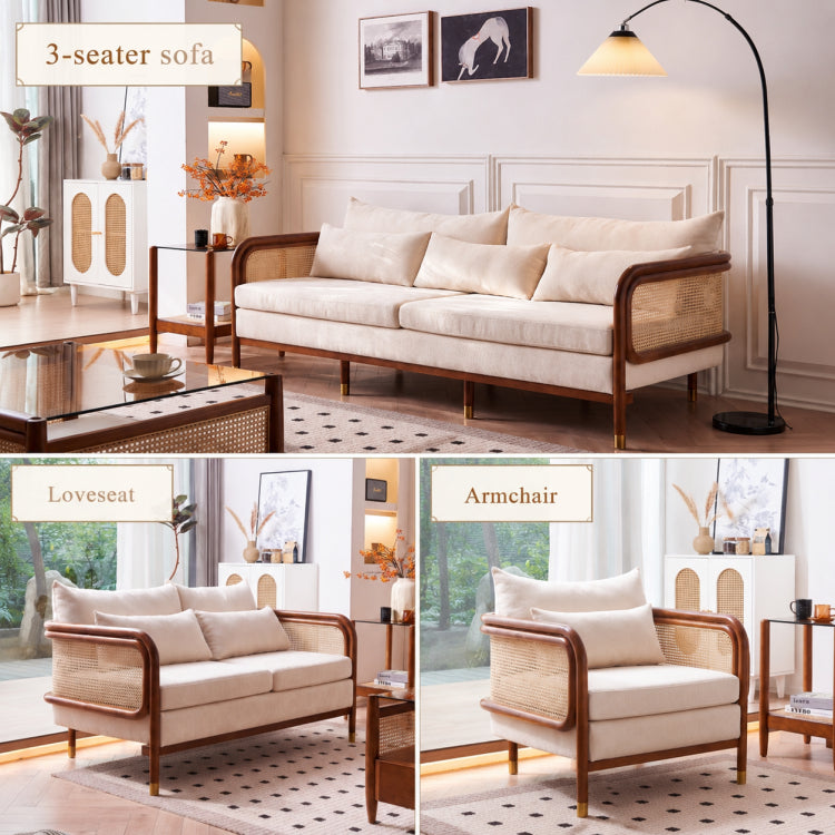 Modern Minimalist Solid Wood & Rattan Fabric Sofa Set, Beige Scandinavian Living Room Couch, 2-Seater/3-Seater tzm-543