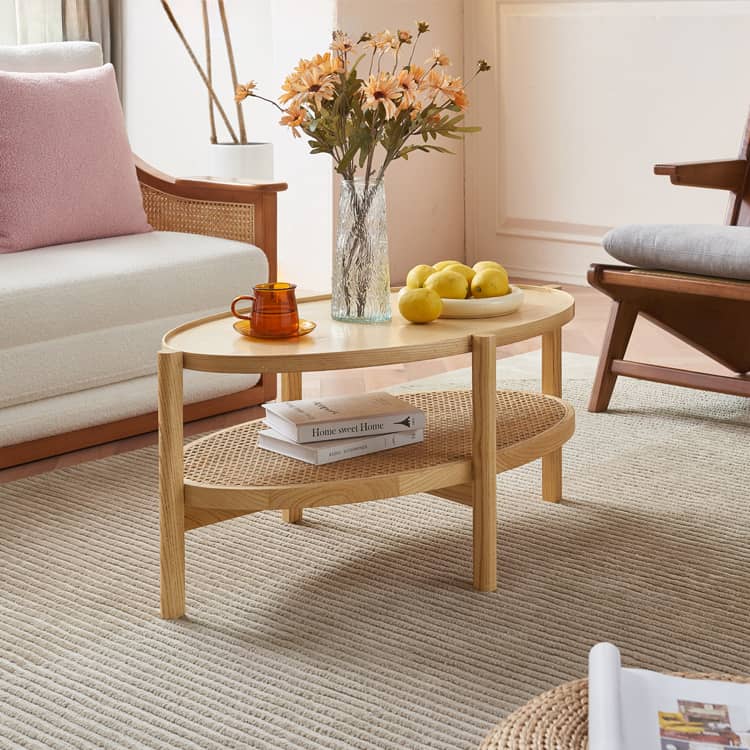 Black Rattan Tea Table with Natural Ash Wood Finish tzm-545