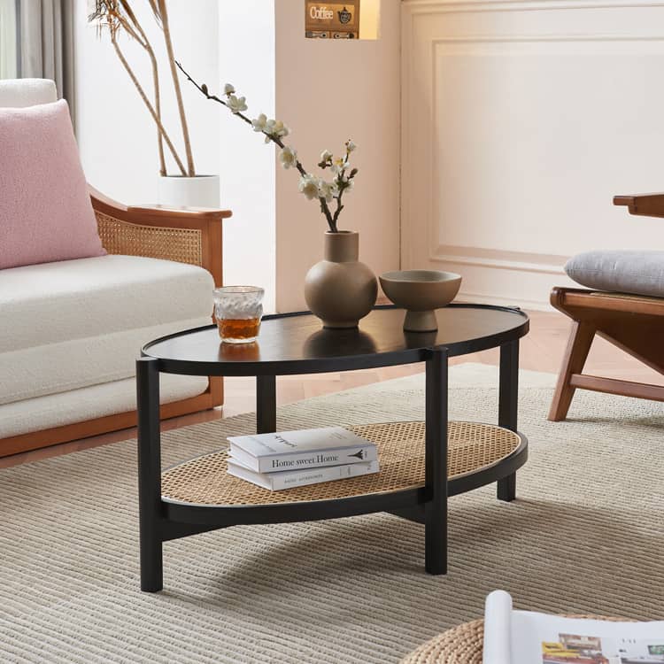 Black Rattan Tea Table with Natural Ash Wood Finish tzm-545