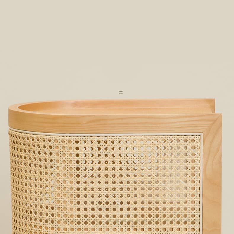 Stylish Bedside Cupboard with Natural Wood, Black and Green Rattan Accents - Oak Wood Finish tzm-554