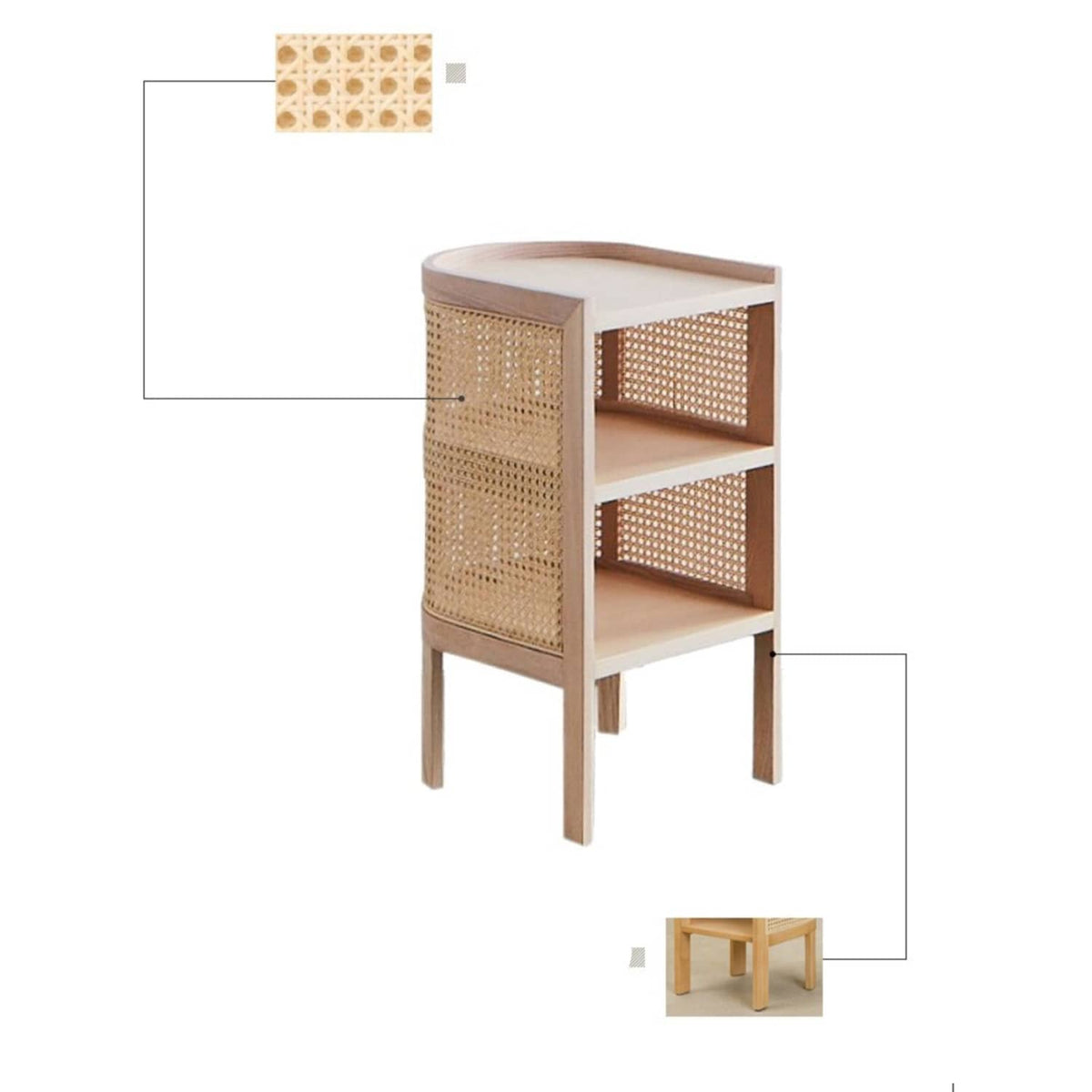 Stylish Bedside Cupboard with Natural Wood, Black and Green Rattan Accents - Oak Wood Finish tzm-554