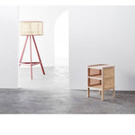 Stylish Bedside Cupboard with Natural Wood, Black and Green Rattan Accents - Oak Wood Finish tzm-554