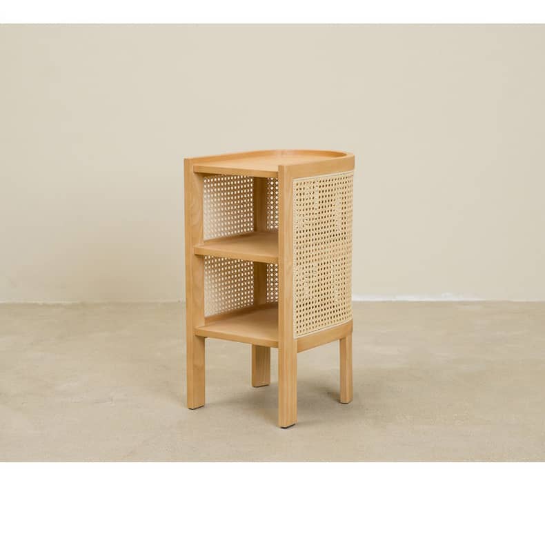 Stylish Bedside Cupboard with Natural Wood, Black and Green Rattan Accents - Oak Wood Finish tzm-554