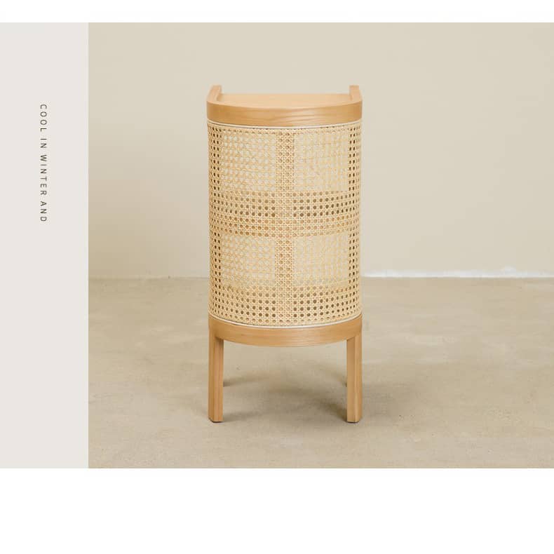 Stylish Bedside Cupboard with Natural Wood, Black and Green Rattan Accents - Oak Wood Finish tzm-554