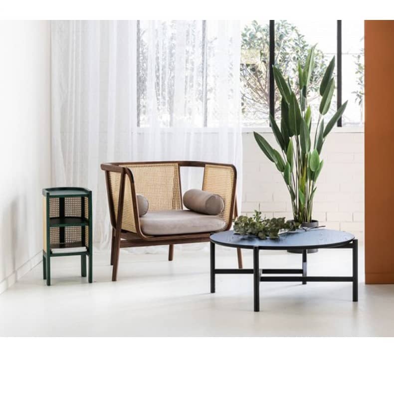 Stylish Bedside Cupboard with Natural Wood, Black and Green Rattan Accents - Oak Wood Finish tzm-554