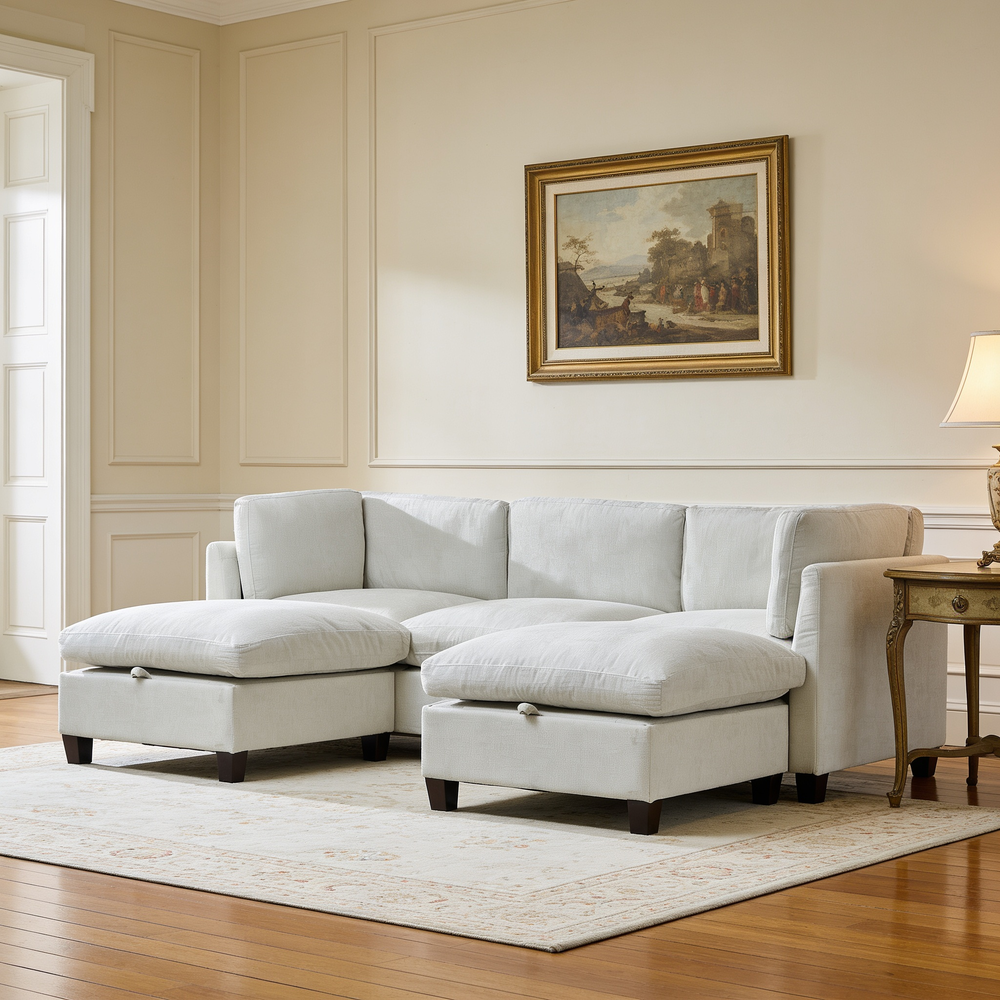 96.5'Sectional Couch for Living room, Upholstered Soft Chenille Fabric Sofa with Storage, 3-Seater with Two Ottomans U Shape Sofa Beige-W1097S00284 - 场景图