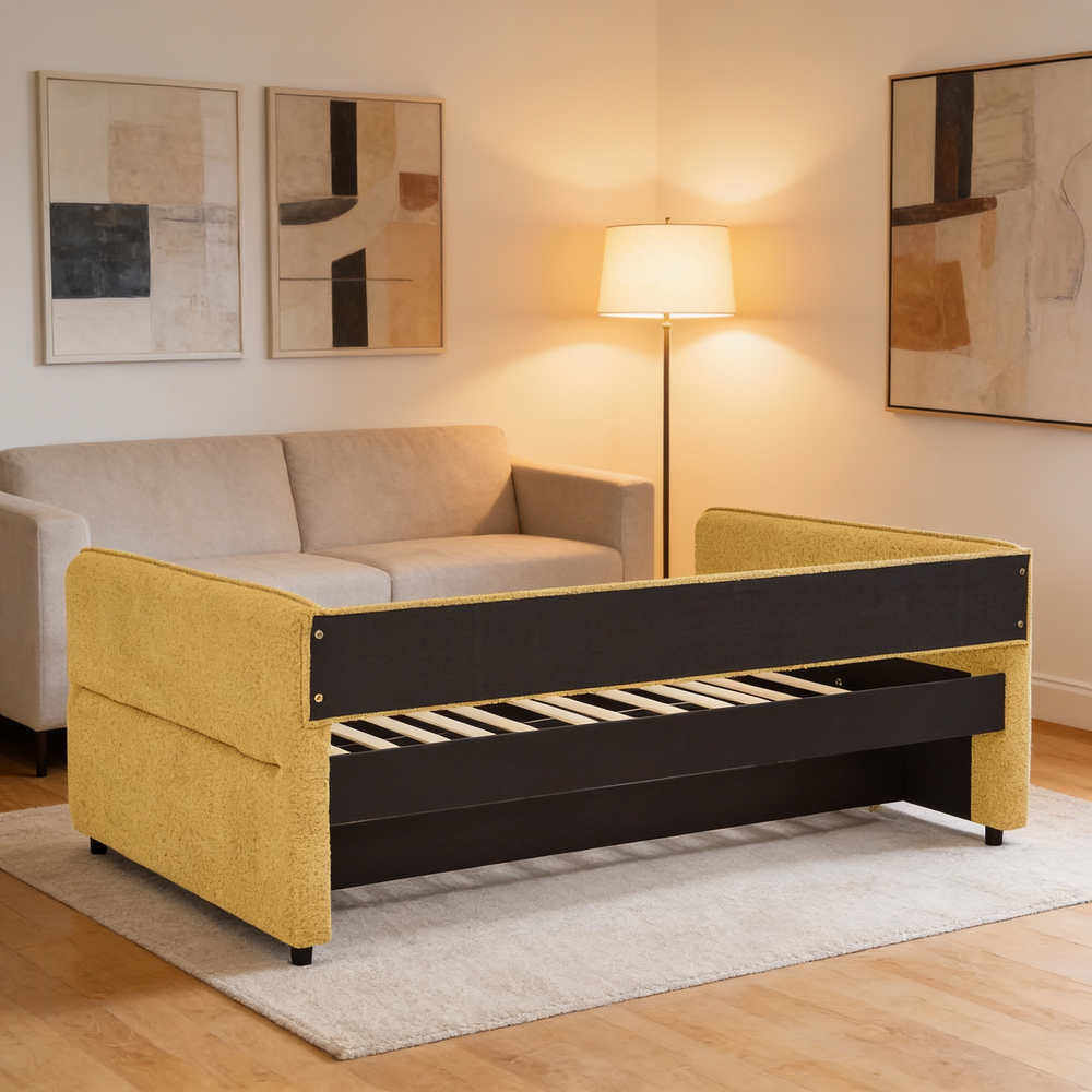 Full Size Daybed with Twin Size Pop-up Trundle Upholstered Tufted Sofa Bed, Full Size, Boucle Fabric (83'x58.5'x29.5')-W1413S00177 - 场景图