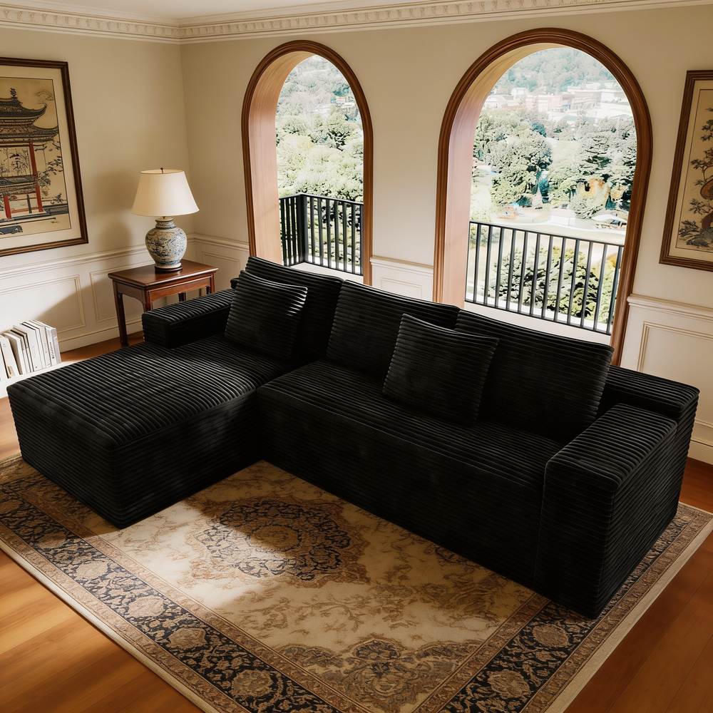 104.3*68.9'Modular sectional sofa seat,Upholstered compressed couch for living room,Bedroom,Apartment,No assembly required,2PC free combination,Plush corduroy fabric,BLACK-W3819P448419 - 场景图