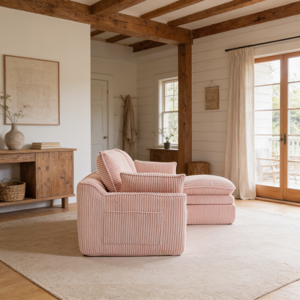 L Shaped Compressed Modular Sectional Sofa Modern Corduroy Upholstered Boneless Couches with Movable Footstool,With Three Pillows and Two Lumbar Pillows,Detachable Cloud Seat Cushions-W395S00138 - 细节图