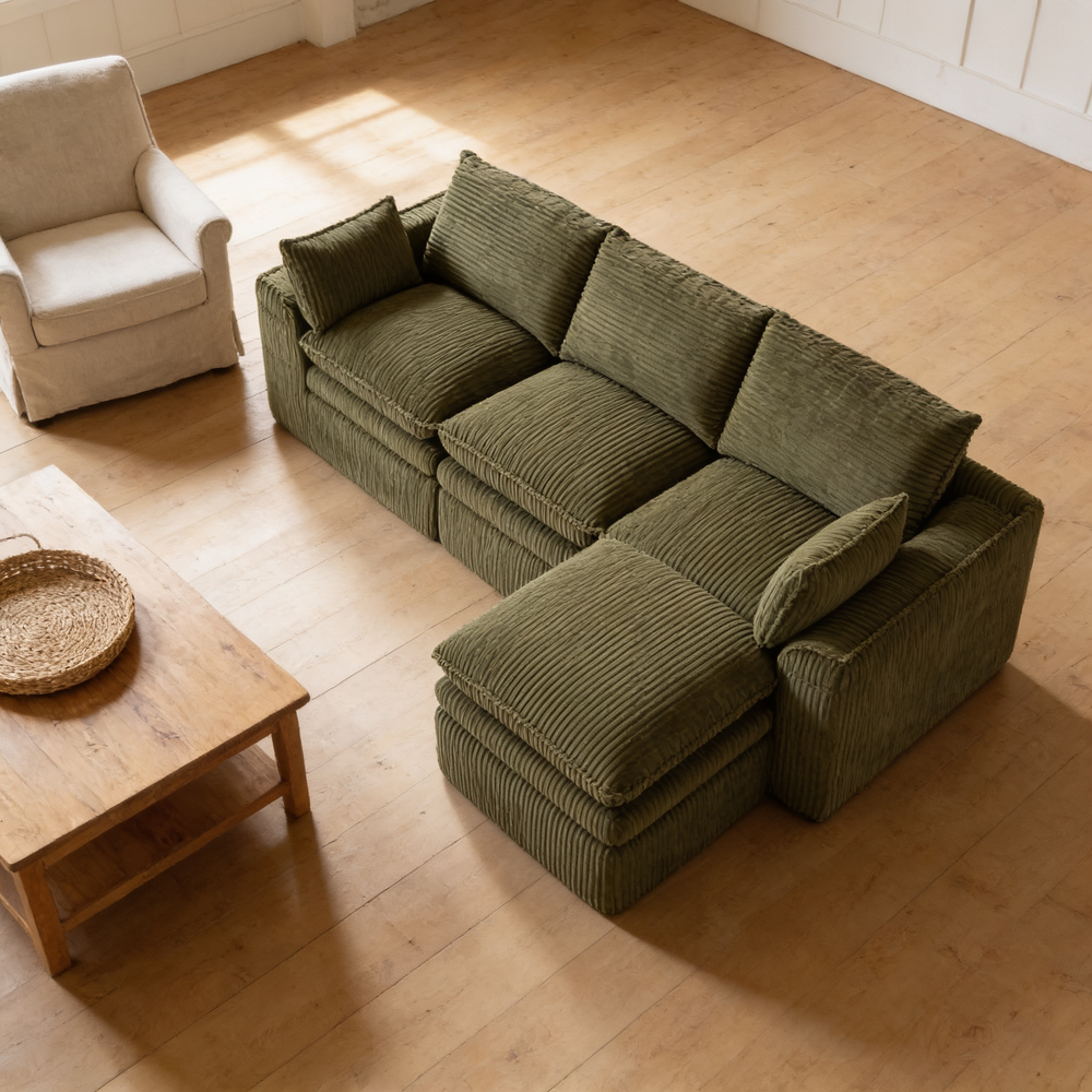 L Shaped Compressed Modular Sectional Sofa Modern Corduroy Upholstered Boneless Couches with Movable Footstool,With Three Pillows and Two Lumbar Pillows,Detachable Cloud Seat Cushions-W395S00139 - 场景图