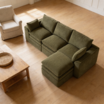 L Shaped Compressed Modular Sectional Sofa Modern Corduroy Upholstered Boneless Couches with Movable Footstool,With Three Pillows and Two Lumbar Pillows,Detachable Cloud Seat Cushions-W395S00139 - 场景图