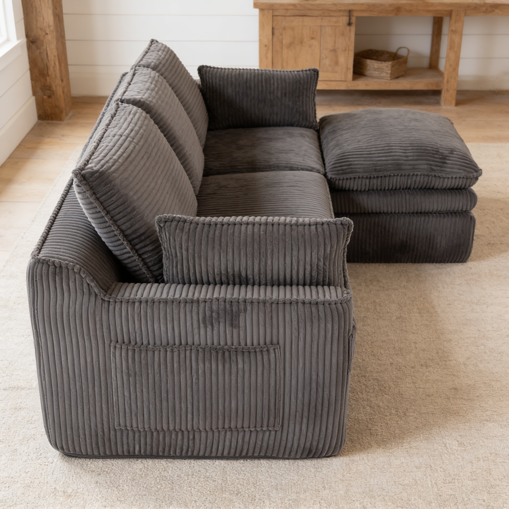 L Shaped Compressed Modular Sectional Sofa Modern Corduroy Upholstered Boneless Couches with Movable Footstool,With Three Pillows and Two Lumbar Pillows,Detachable Cloud Seat Cushions-W395S00140 - 场景图