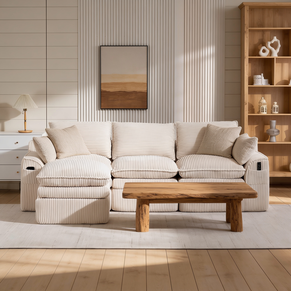 L Shaped Compressed Modular Sectional Sofa Modern Corduroy Upholstered Boneless Couches with Movable Footstool,With Three Pillows and Two Lumbar Pillows,Detachable Cloud Seat Cushions-W395S00141 - 场景图
