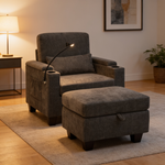 Single sofa recliner with manually adjustable backrest, USB charging port on the armrest side, phone stand included, hidden armrest storage, and a matching storage ottoman-Gray-W487P423648 - 场景图