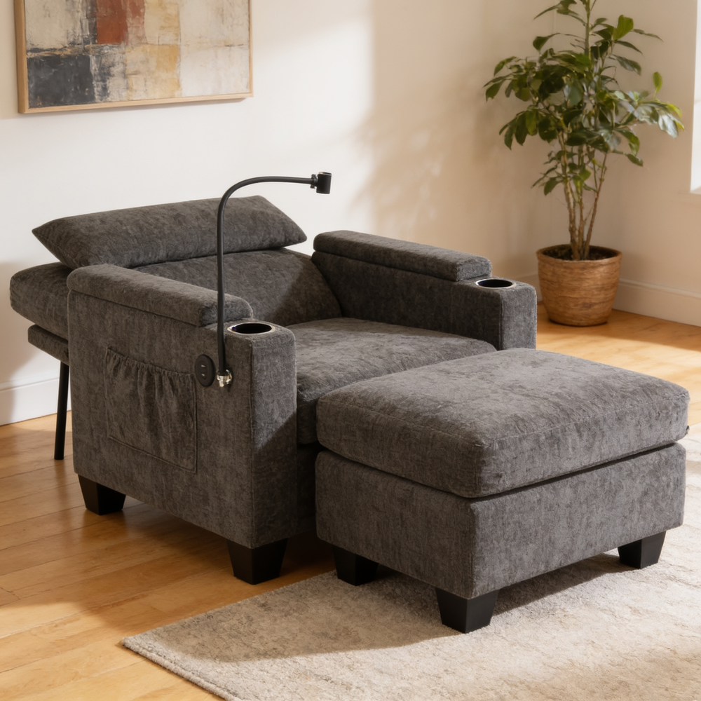Single sofa recliner with manually adjustable backrest, USB charging port on the armrest side, phone stand included, hidden armrest storage, and a matching storage ottoman-Gray-W487P423648 - 场景图