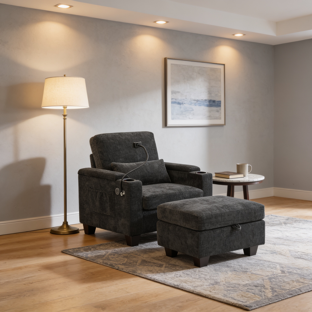 Single sofa recliner with manually adjustable backrest, USB charging port on the armrest side, phone stand included, hidden armrest storage, and a matching storage ottoman-Black-W487P423649 - 场景图