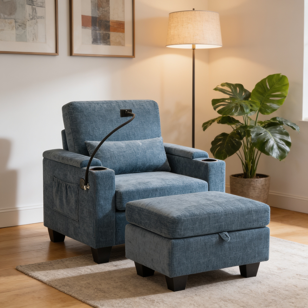 Single sofa recliner with manually adjustable backrest, USB charging port on the armrest side, phone stand included, hidden armrest storage, and a matching storage ottoman-Blue-W487P423651 - 场景图