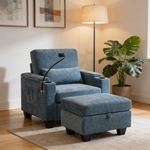 Single sofa recliner with manually adjustable backrest, USB charging port on the armrest side, phone stand included, hidden armrest storage, and a matching storage ottoman-Blue-W487P423651 - 场景图