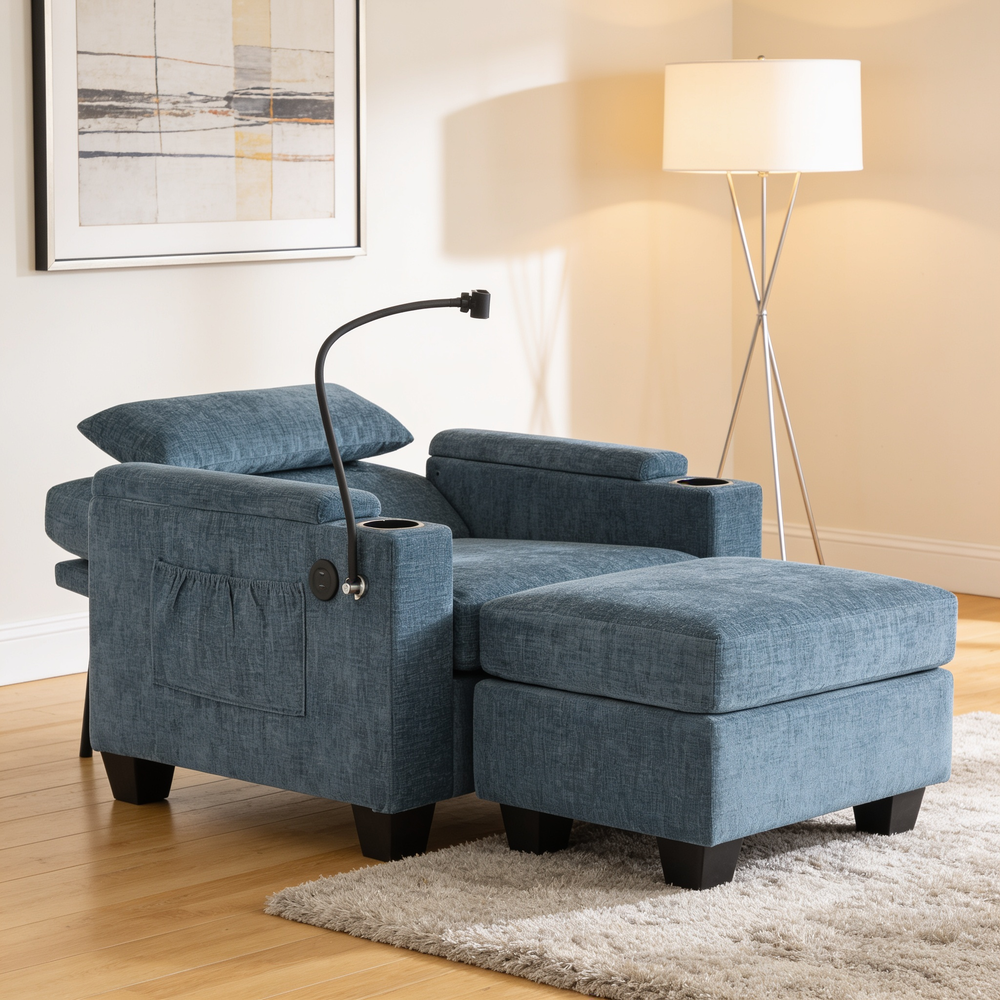 Single sofa recliner with manually adjustable backrest, USB charging port on the armrest side, phone stand included, hidden armrest storage, and a matching storage ottoman-Blue-W487P423651 - 场景图
