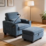 Single sofa recliner with manually adjustable backrest, USB charging port on the armrest side, phone stand included, hidden armrest storage, and a matching storage ottoman-Blue-W487P423651 - 场景图