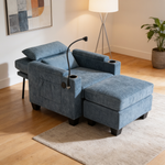 Single sofa recliner with manually adjustable backrest, USB charging port on the armrest side, phone stand included, hidden armrest storage, and a matching storage ottoman-Blue-W487P423651 - 场景图
