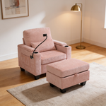 Single sofa recliner with manually adjustable backrest, USB charging port on the armrest side, phone stand included, hidden armrest??W487P423652 storage, and a matching storage ottoman-Pink - 场景图