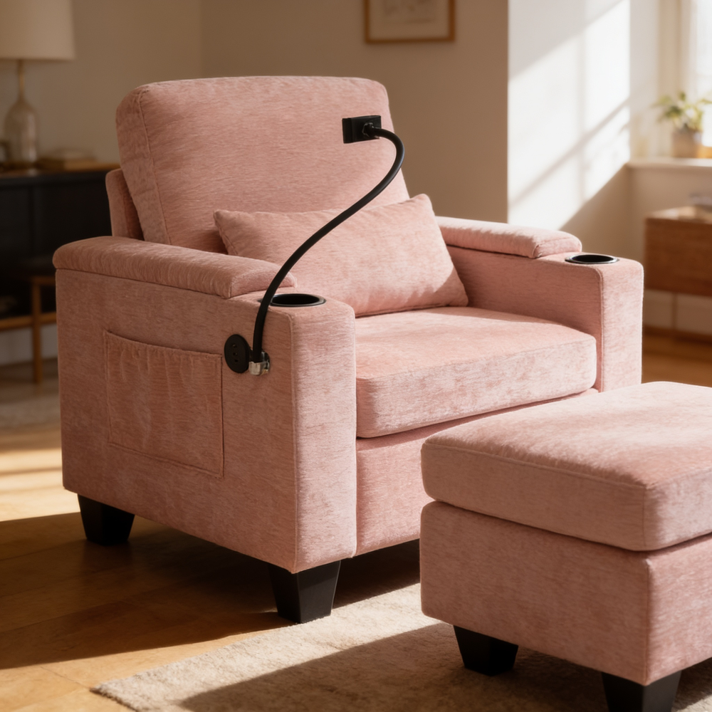 Single sofa recliner with manually adjustable backrest, USB charging port on the armrest side, phone stand included, hidden armrest??W487P423652 storage, and a matching storage ottoman-Pink - 场景图