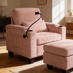 Single sofa recliner with manually adjustable backrest, USB charging port on the armrest side, phone stand included, hidden armrest??W487P423652 storage, and a matching storage ottoman-Pink - 场景图